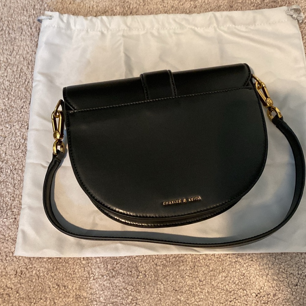 Charles & Keith Black Saddle Shoulder Bag with Gold Accent - Picture 5 of 5